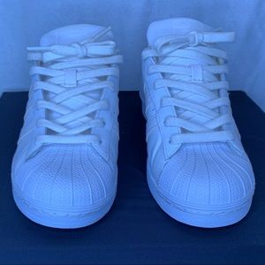 Adidas all white triple stripe superstar shell toe sneakers